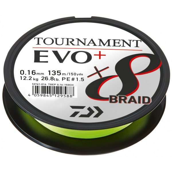 DAIWA Tournament x8 Braid EVO+, chartreuse, Braided fishing line 135m / 0.16mm / 12.2kg