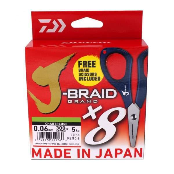 DAIWA J-Braid Grand X8, 270m, chartreuse, Braided Fishing Line, Promo Edition 0.18mm / 12.5kg